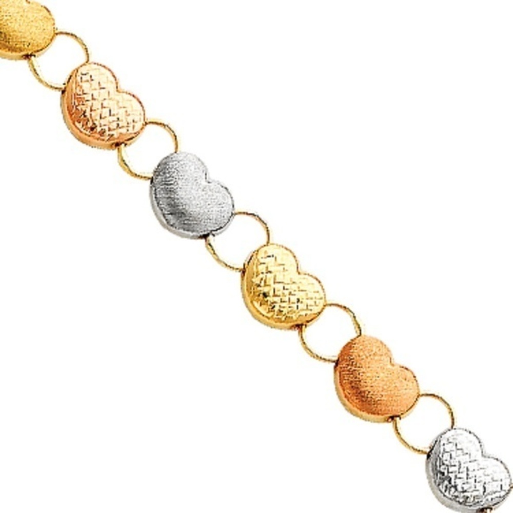 14k Tri Color Heart Chain Link Bracelete 7.25"